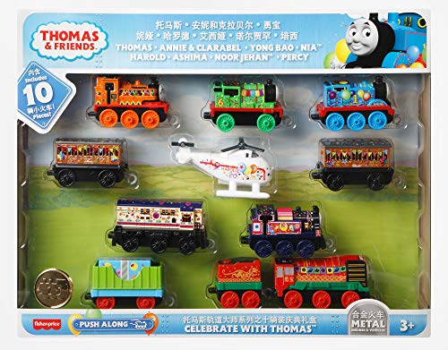 Multipack - Juego de tren de juguetes para niños de 3 años - Thomas and Friends con 10 locomotoras de metal - Tren de juguete niños de 8 a 14 cm - Celebrate with Thomas GRG41, multicolor