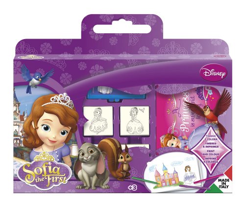 Multiprint Valija 7 Sellos para Niños Disney Sofia, 100% Made in Italy, Set Sellos Niños Persolanizados, en Madera y Caucho Natural, Tinta Lavable no Tóxica, Idea de Regalo, Art.07882