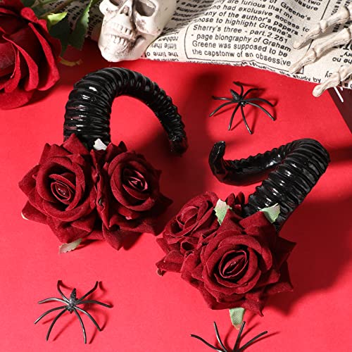 MWOOT Mujeres Disfraces Halloween Gótico Cuernos Demonio Pinzas Cabello, Cuerno Rosa Sombreros Accesorios, Cuerno Oveja Negra con Flores Rojas para Demonio Brujas Fiesta Disfraces Decoración Cabello