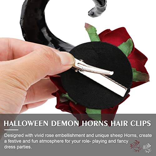 MWOOT Mujeres Disfraces Halloween Gótico Cuernos Demonio Pinzas Cabello, Cuerno Rosa Sombreros Accesorios, Cuerno Oveja Negra con Flores Rojas para Demonio Brujas Fiesta Disfraces Decoración Cabello