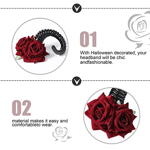 MWOOT Mujeres Disfraces Halloween Gótico Cuernos Demonio Pinzas Cabello, Cuerno Rosa Sombreros Accesorios, Cuerno Oveja Negra con Flores Rojas para Demonio Brujas Fiesta Disfraces Decoración Cabello