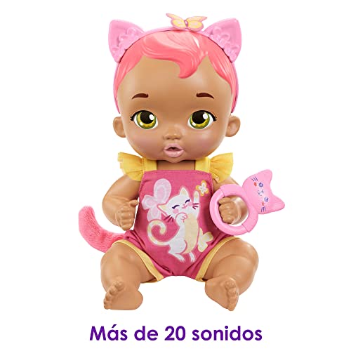 My Garden Baby Gatito Come y se acurruca Orejas rosas Muñeca bebé de juguete con sonidos, ojos se abren y cierran, incluye +5 accesorios, regalo +18 meses (Mattel HHP29)