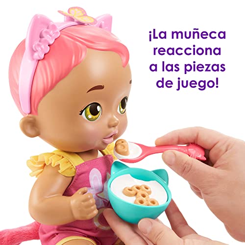 My Garden Baby Gatito Come y se acurruca Orejas rosas Muñeca bebé de juguete con sonidos, ojos se abren y cierran, incluye +5 accesorios, regalo +18 meses (Mattel HHP29)