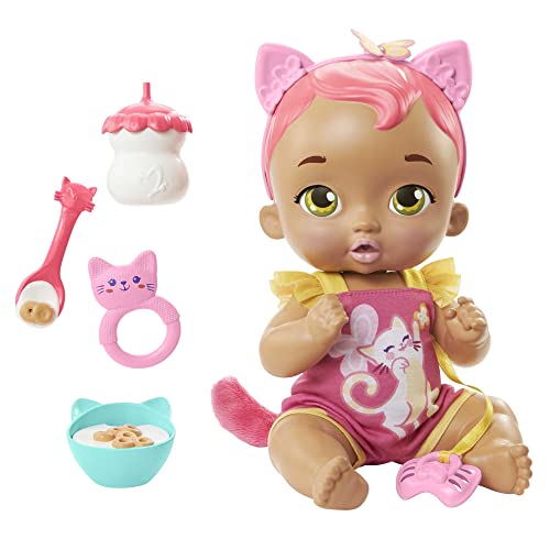 My Garden Baby Gatito Come y se acurruca Orejas rosas Muñeca bebé de juguete con sonidos, ojos se abren y cierran, incluye +5 accesorios, regalo +18 meses (Mattel HHP29)