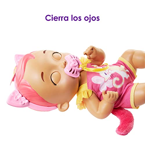 My Garden Baby Gatito Come y se acurruca Orejas rosas Muñeca bebé de juguete con sonidos, ojos se abren y cierran, incluye +5 accesorios, regalo +18 meses (Mattel HHP29)