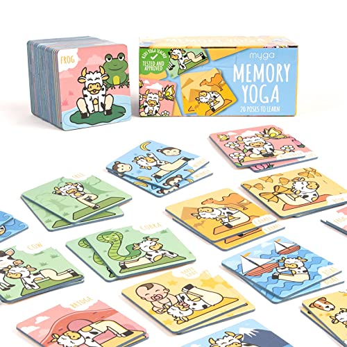 Myga Memory Yoga – Juego de 40 pares para niños con 20 poses de yoga para movimiento y atención plena – Match & Snap tarjetas para niños, yoguis y diversión familiar inspiradas en Miss Molly