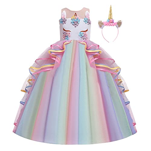 MYRISAM Niñas Disfraz de Halloween Princesa Vestido de Unicornio para Chicas Cumpleaños de Boda Carnaval de Fiesta de Cosplay Navidad Comunión Flor Vestidos de Baile con Diadema Multicolor 6-7