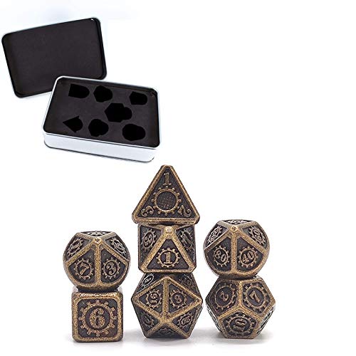 Myya Juego de dados, juego de dados de metal estilo steampunk, 7 piezas metálicas de juego de rol DND con caja de metal para juegos de rol D&D, adecuado para juegos de dados enseñanza de matemáticas