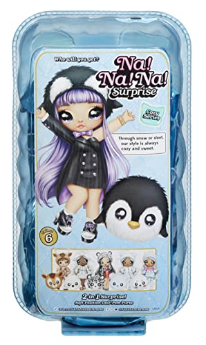 Na! Na! Na! Surprise Serie Cozy - ISLA WADDLES - Muñeca de peluche a la moda inspirada en un pingüino, con pelo morado, gorro, vestido y monedero con clip - para coleccionar, edad: 5 años, 119401EUC