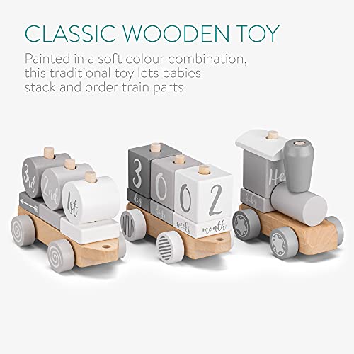 Navaris Tren de Madera para niños - 2en1 Juguete con Piezas para marcar hitos años Meses Navidad - Locomotora Desmontable con Bloques en inglés