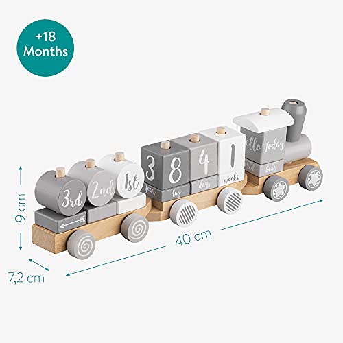 Navaris Tren de Madera para niños - 2en1 Juguete con Piezas para marcar hitos años Meses Navidad - Locomotora Desmontable con Bloques en inglés