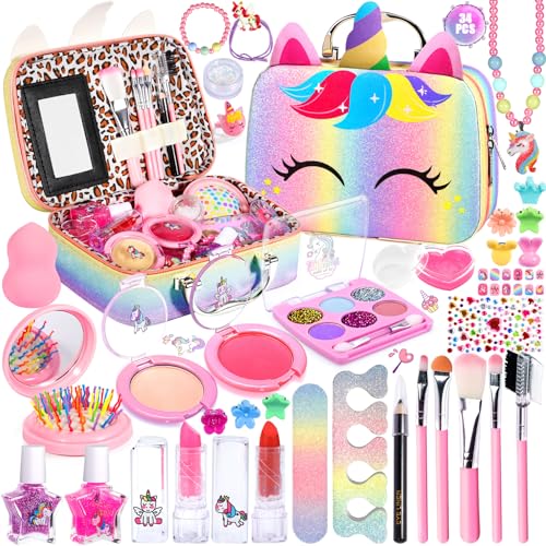 NCKIHRKK Kit de Maquillaje para Niñas, Set de Maletin Maquillaje niñas Lavable y No Tóxico, Estuche Maquillaje Niña Juegos de Cosméticos, Regalo Cumpleaños Navidad para Niñas 3 4 5 6 7 8 9 10 Años