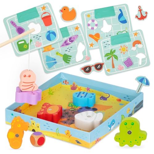 Nene Toys Juego de Pesca Magnético - Juguete Educativo de Madera para Niños 2+ Años - Puzzle de Asociación de Colores con Figuras de Animales Marinos - Regalo para Niños de 2 3 Años