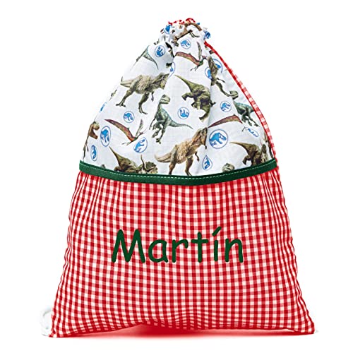 Nenel Macuto de merienda bordada - Mochila de cuerdas con nombre - Mochila infantil de cordones Personalizada - Bolsa de cuerdas - Dinosaurios (Rojo)