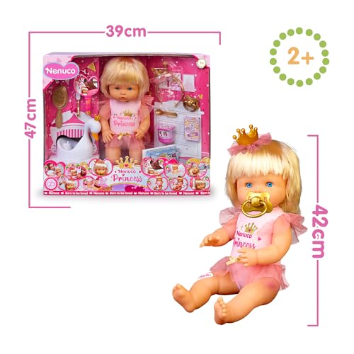 Nenuco - Princess, muñeco bebé con Pelo Rubio de 42 cm, Lleva Ropa y Corona de Princesa, 11 Funciones y 10 Accesorios de cuidados y comiditas para Jugar, +2 años, Famosa (NFN61000)