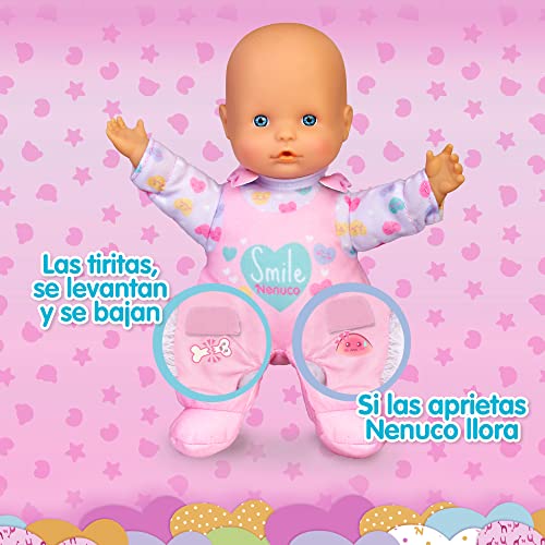 Nenuco - Tiritas, de Cuerpo Blandito, Muñeco con Sonidos de Bebé, Dice Papá y Mamá, llora y se ríe, con Tiritas de Quita y Pon, Juguete para niños pequeños Desde 10 Meses, Famosa (NFN24000)