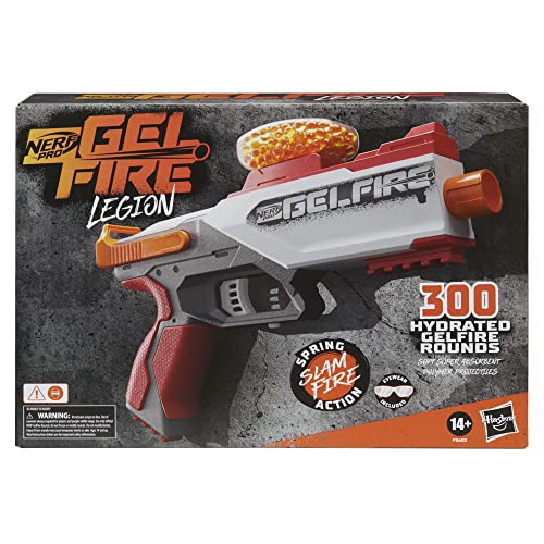 Nerf Pro Gelfire Legion Blaster, 300 Rondas de Gel hidratadas, tolva Redonda 130, acción de Resorte, Gafas