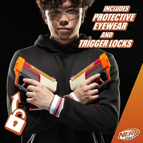 NERF Pro Gelfire - Paquete de doble empuñadura, 2 lanzadores, disparo sin prime, 5000 rondas Gelfire, 2 tolvas integradas redondas de 100 unidades, 2 gafas, a partir de 14 años