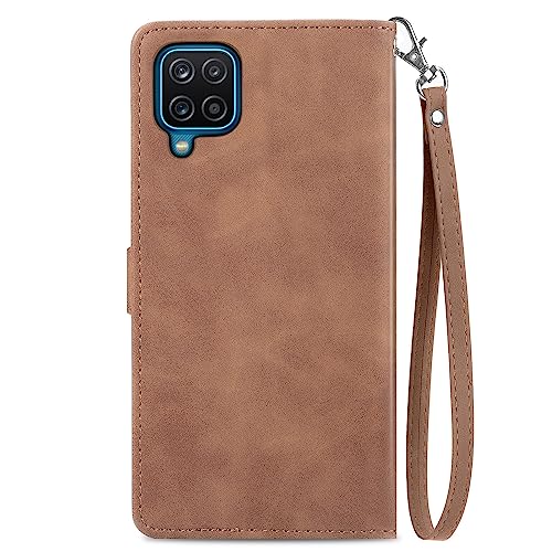 NEXCURIO Funda Tipo Cartera Libro para Samsung Galaxy A12 / M12 Carcasa Protectora Cuero Flip Cover Case con Tarjetero Cordón Soporte Plegable Mujer Flores - Marrón