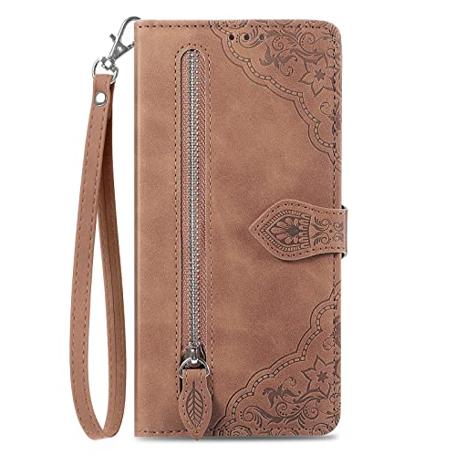 NEXCURIO Funda Tipo Cartera Libro para Samsung Galaxy A12 / M12 Carcasa Protectora Cuero Flip Cover Case con Tarjetero Cordón Soporte Plegable Mujer Flores - Marrón