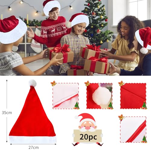 NINGESHOP Gorro navideño, 20 Pcs Gorros Navideños Adultos, Gorro de Papá Noel, Unisex Sombreros de Navidad, Sombrero de Santa para Adultos Adecuado para Fiestas Navideñas y Juegos de Rol Navideños