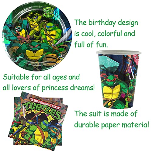 Ninja Turtles Vajilla de Fiesta Decoracion Cumpleaños Fiesta Vajilla Reutilizable Decoración de Fiestas con Decoraciones de Vajilla con Pancartas, Platos, Servilletas, Manteles para Niños 72pcs