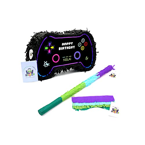 Nislai® Piñata Control Video Juego Set | Ideal para la Fiesta de Video Juego Pixel | Regalo piñata | piñata de cumpleaños | Fiestas Infantiles | Incl. Palo y Antifaz | tamaño Aprox. 44x33x10 cm