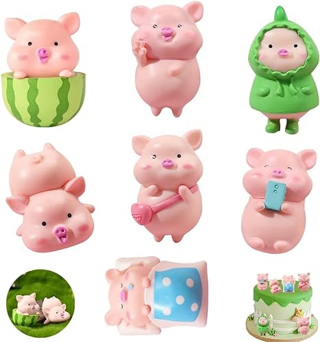 Norhogo 7 figuras de cerdito rosa de cerdo de la suerte para decoración de tartas, decoración de cumpleaños infantil, decoración de hadas en miniatura