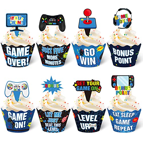 Nuenen 48 Sets Decoraciones de Cupcake de Videojuegos Toppers de Tarta de Cumpleaños de Jugador Envoltorios de Pastel de Game On de Level Up Palillos de Tarta Suministros de Fiesta (Azul)