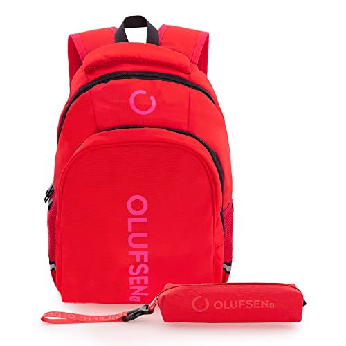 OLUFSENkids- MOCHILA Escolar con ESTUCHE a juego- Para Niñas y Niños de 5, 6 y 7 Años - Tejido Anti Rasgaduras - Repele el Agua - Compartimento para Tablet y PC - Respaldo y Hombreras Acolchadas- Rojo