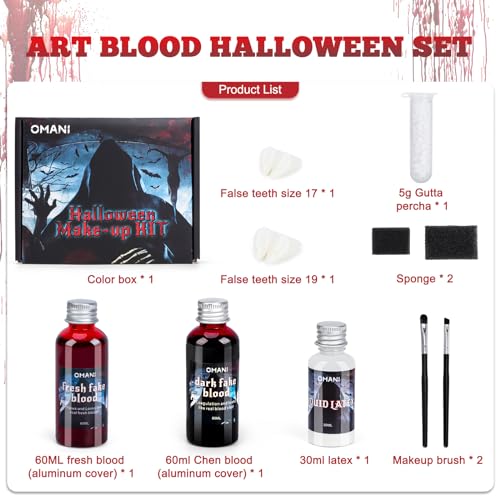 OMANI Kit de Sangre Falsa Halloween, 60Ml de Sangre Fresca Artificial, 60 Ml de Sangre de Teatro Oscura, 30 Ml de Látex Líquido, 2 Dientes Zombis, 2 esponjas, 2Ceepillos de Maquillaje, Cicatriz Herida