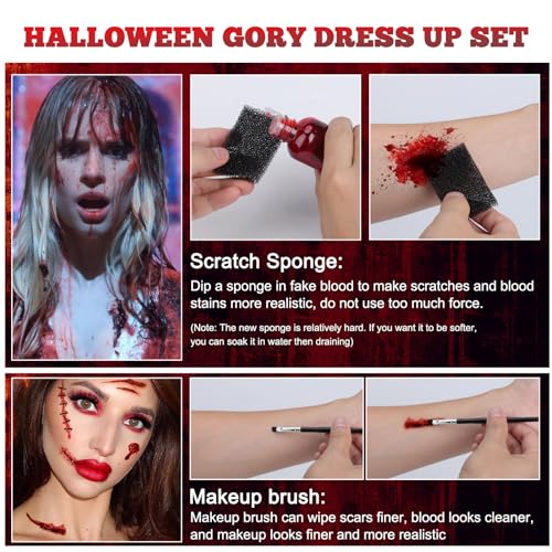 OMANI Kit de Sangre Falsa Halloween, 60Ml de Sangre Fresca Artificial, 60 Ml de Sangre de Teatro Oscura, 30 Ml de Látex Líquido, 2 Dientes Zombis, 2 esponjas, 2Ceepillos de Maquillaje, Cicatriz Herida