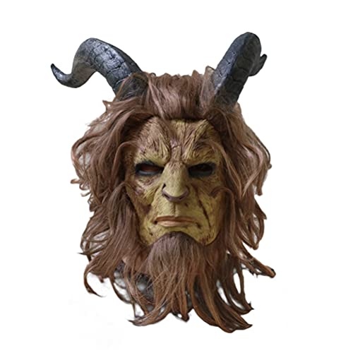 Oyria Halloween Movie Beast Head Cover,Cosplay Party Headgear,Beauty and The Beast Disfraz Cosplay Party Mask Halloween Adult Beast Mask Casco de látex Realista para Hombres con Peluca Beast Horns