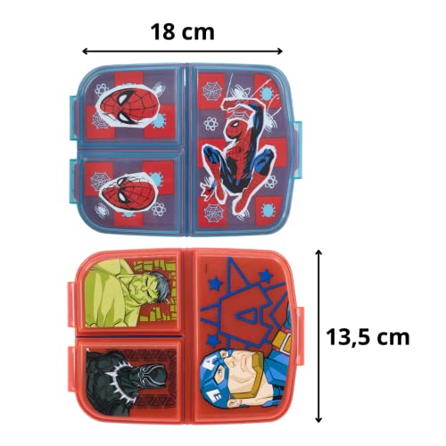 Pack 2 Sandwicheras Infantiles Spiderman y Los Vengadores - Niños y Niñas - Diseño Práctico, Tapa Hermética, 3 Compartimentos - Almuerzos Saludables - Libre de BPA (Spider-man + Los Vengadores)