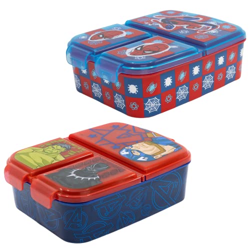 Pack 2 Sandwicheras Infantiles Spiderman y Los Vengadores - Niños y Niñas - Diseño Práctico, Tapa Hermética, 3 Compartimentos - Almuerzos Saludables - Libre de BPA (Spider-man + Los Vengadores)