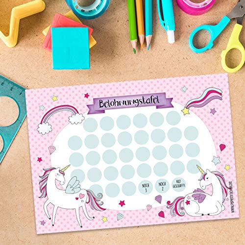 Papierdrachen Juego de tablero de recompensa para niños como bloc de 10 hojas, concepto motivador como ayuda educativa, con fantásticas pegatinas para niños y niñas, diseño de unicornio 7