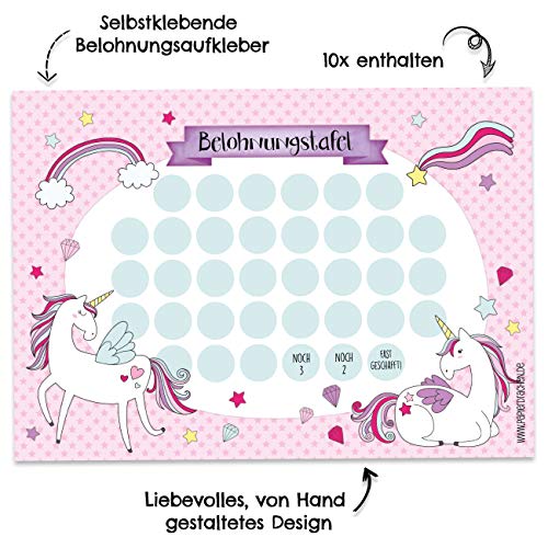 Papierdrachen Juego de tablero de recompensa para niños como bloc de 10 hojas, concepto motivador como ayuda educativa, con fantásticas pegatinas para niños y niñas, diseño de unicornio 7