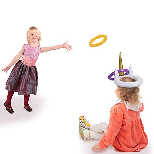 PATAZOK Juego de Lanzamiento de Anillos de Unicornio, Juego de Lanzamiento Inflable para niños al Aire Libre, Juego de Fiesta con 12 Anillos, 1 Bomba de Aire para niños, Fiestas,