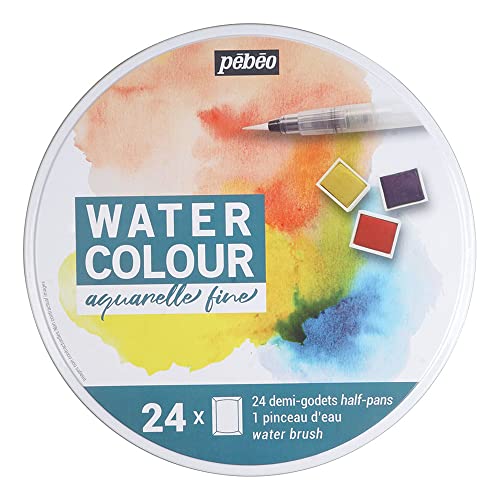 Pébéo -caja fina acuarela redonda enmetal 24 medias cubos -caja pintura acuarela Pébéo -KitWatercolorPalette (el embalaje puede variar)