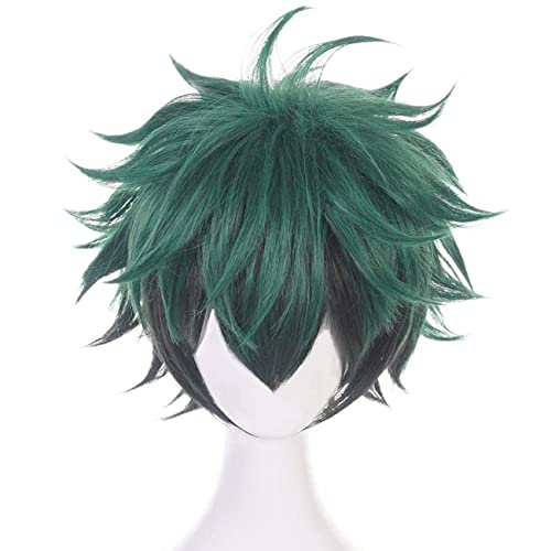 Peluca corta lisa de color verde y negro para cosplay, personaje Izuku Midoriya (Deku) del anime «My Hero Academia». Casquillo de peluca incluido.