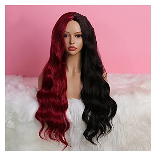 pelucas Residante residante peluca sintética cuerpo largo ondulado medio rojo medio negro ni encaje peluca cosplay sintéticos pelucas para mujeres negras Peluca mujer ( Stretched Length : 22inches )