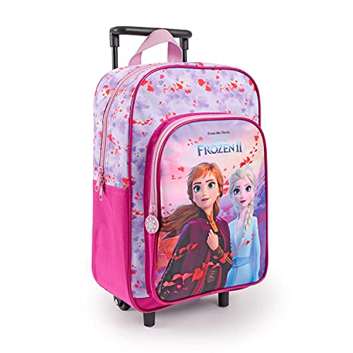 PERLETTI Mochila con Ruedas Disney Frozen 2, Rosa Lila - Bolsa Escolar Niñas Princesas Ana Elsa con Bolsillo Frontal - Trolley Niños para Guardería Viajes Tiempo Libre - 36x25x12 cm