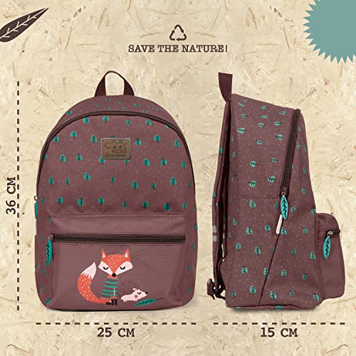 PERLETTI Mochila Escolar Niño Niña Zorro Erizo Bolsillo Frontal - Bolso Infantil Correas Ajustables Colegio Viaje - Mochila Impermeable Detalles Reflectantes - Green Kids - 36x25x15cm (Zorro y Erizo)