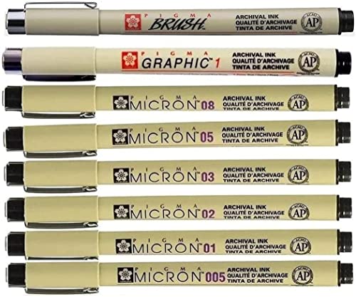 PIGMA MICRON Tutto Nero 8 pennini 005,01,02,03,05,08,1mm Brush