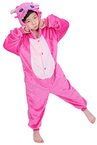 Pijama infantil Kigurumi de YAOMEI, unisex, pijama de franela con capucha para disfraz de Halloween, para Navidades, para fiestas de disfraces o para vestir Puntada rosada. 140 cm/altura 130/ 140 cm