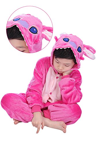 Pijama infantil Kigurumi de YAOMEI, unisex, pijama de franela con capucha para disfraz de Halloween, para Navidades, para fiestas de disfraces o para vestir Puntada rosada. 140 cm/altura 130/ 140 cm