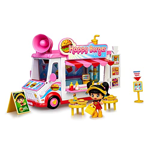 Pinypon - Happy Burger, playset Restaurante Food Truck Hamburguesas, Juguete con Posibilidades de Juego, 1 muñeco, Accesorios, y Compartimento para guardarlos, Desde 4 años, Famosa (700017210)