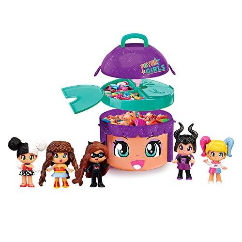 Pinypon - Power Girls, contenedor edición Limitada de 5 Figuras heroínas y villanas, con una Bandeja y Compartimentos para ordenar los Accesorios, Famosa (700017396)