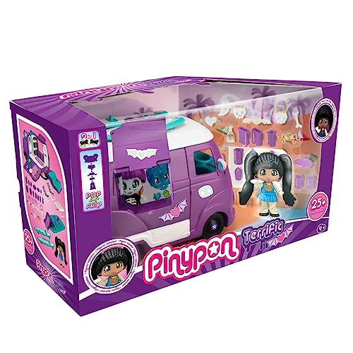 Pinypon - Terrific Van, Caravana de Juguete Morada, se transforma en Barca con tobogán, Accesorios Que Brillan en Oscuridad y 2 Tablas de Surf, 1 Figura de Momia, Desde 4 años, Famosa (PNY49000)