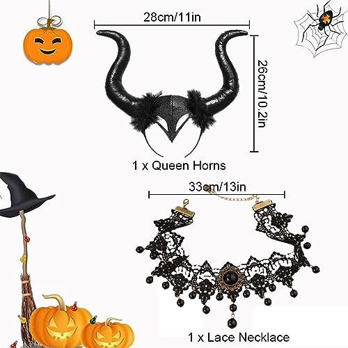 PIUMOJ Cuernos Demonio Halloween, Disfraz Diablo, Negro Diadema Cuernos con Collar Encaje Gótico, Disfraz Demonio Cosplay Regalo para Fiesta Halloween Carnaval, 2 Piezas